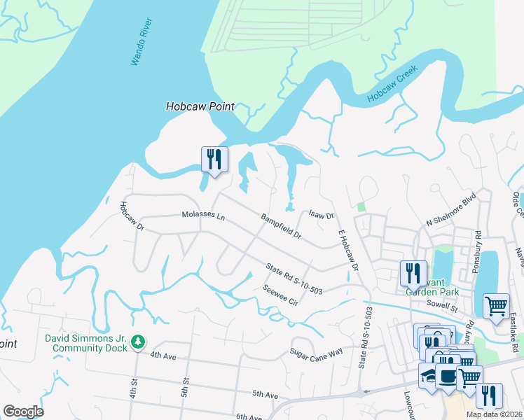 map of restaurants, bars, coffee shops, grocery stores, and more near 308 Coinbow Drive in Mount Pleasant