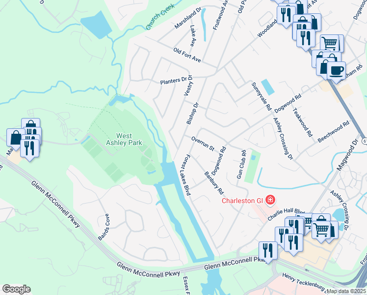 map of restaurants, bars, coffee shops, grocery stores, and more near 2119 Bishop Drive in Charleston