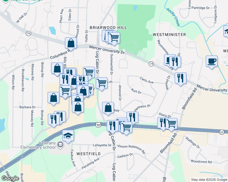 map of restaurants, bars, coffee shops, grocery stores, and more near 4442 Summerhill Drive in Macon