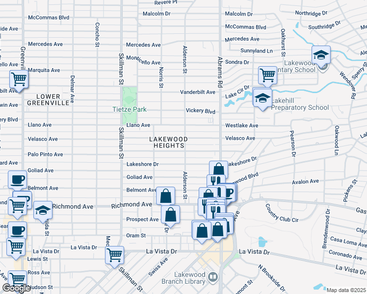 map of restaurants, bars, coffee shops, grocery stores, and more near 6262 Palo Pinto Avenue in Dallas