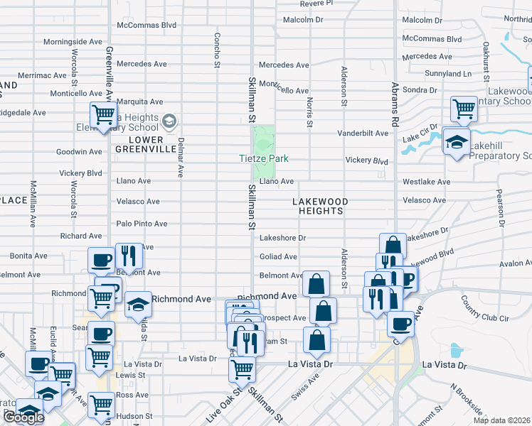 map of restaurants, bars, coffee shops, grocery stores, and more near 6126 Palo Pinto Avenue in Dallas