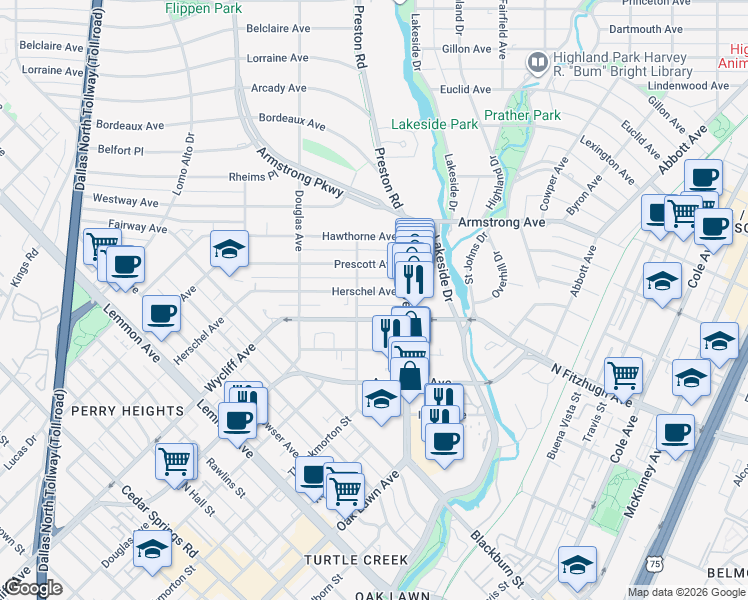 map of restaurants, bars, coffee shops, grocery stores, and more near 4213 Wycliff Avenue in Dallas