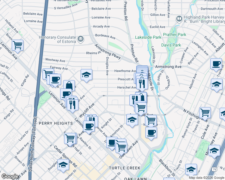 map of restaurants, bars, coffee shops, grocery stores, and more near 4220 Douglas Avenue in Dallas