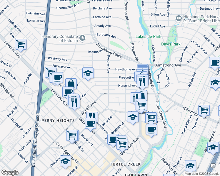 map of restaurants, bars, coffee shops, grocery stores, and more near 4220 Douglas Avenue in Dallas