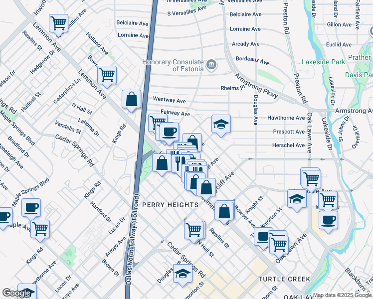 map of restaurants, bars, coffee shops, grocery stores, and more near 4502 Bowser Avenue in Dallas
