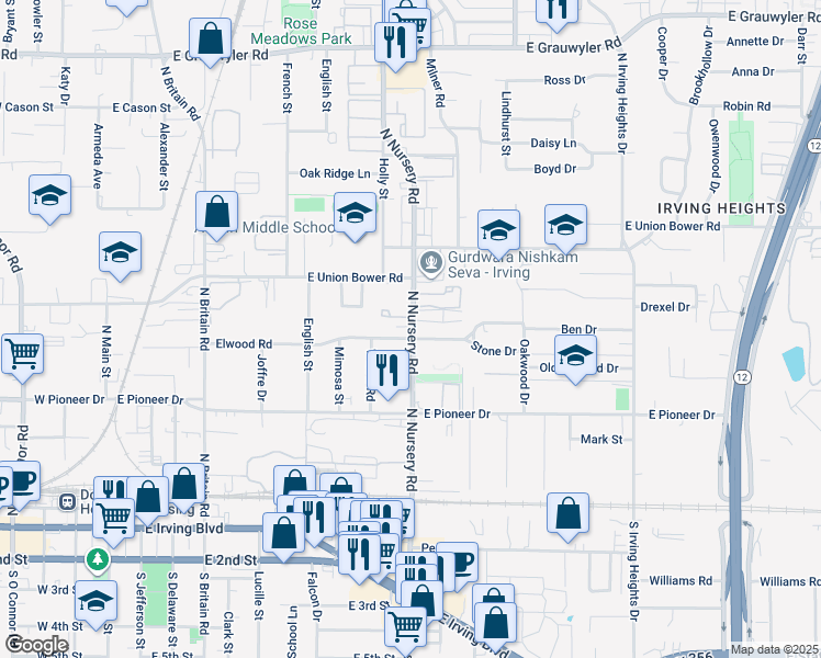map of restaurants, bars, coffee shops, grocery stores, and more near 936 Elwood Road in Irving