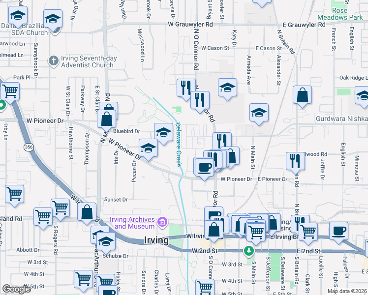 map of restaurants, bars, coffee shops, grocery stores, and more near 613 Campana Court in Irving