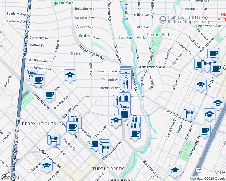 map of restaurants, bars, coffee shops, grocery stores, and more near 4220 Herschel Avenue in Dallas