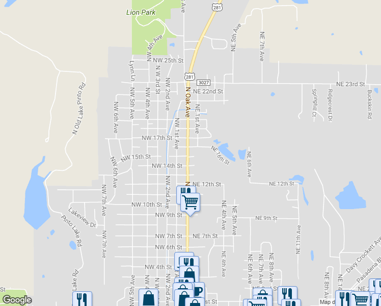 map of restaurants, bars, coffee shops, grocery stores, and more near 1604 North Oak Avenue in Mineral Wells