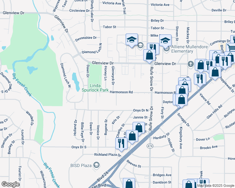 map of restaurants, bars, coffee shops, grocery stores, and more near 3836 Harmonson Court in North Richland Hills