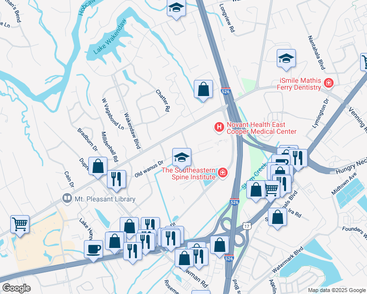 map of restaurants, bars, coffee shops, grocery stores, and more near 835 Von Kolnitz Road in Mount Pleasant