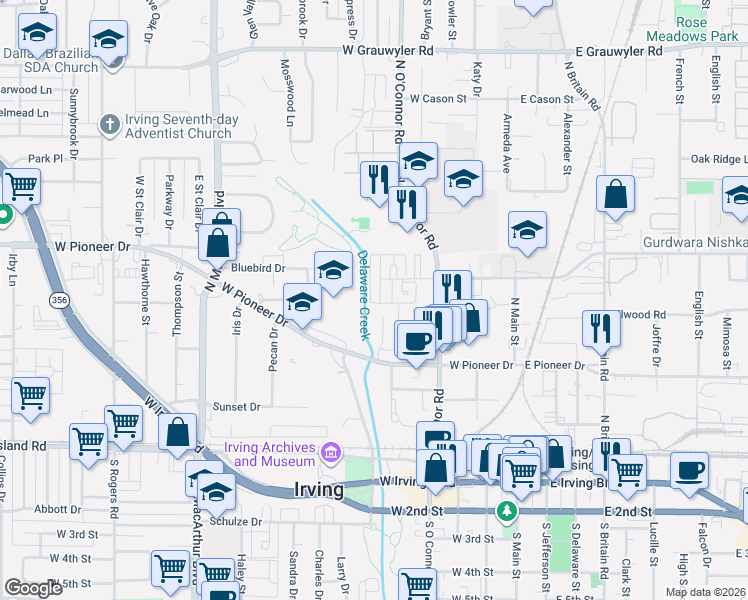 map of restaurants, bars, coffee shops, grocery stores, and more near 613 Campana Court in Irving