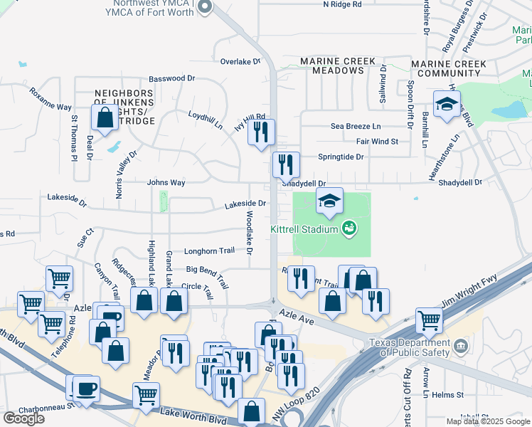 map of restaurants, bars, coffee shops, grocery stores, and more near 4321 Boat Club Road in Fort Worth