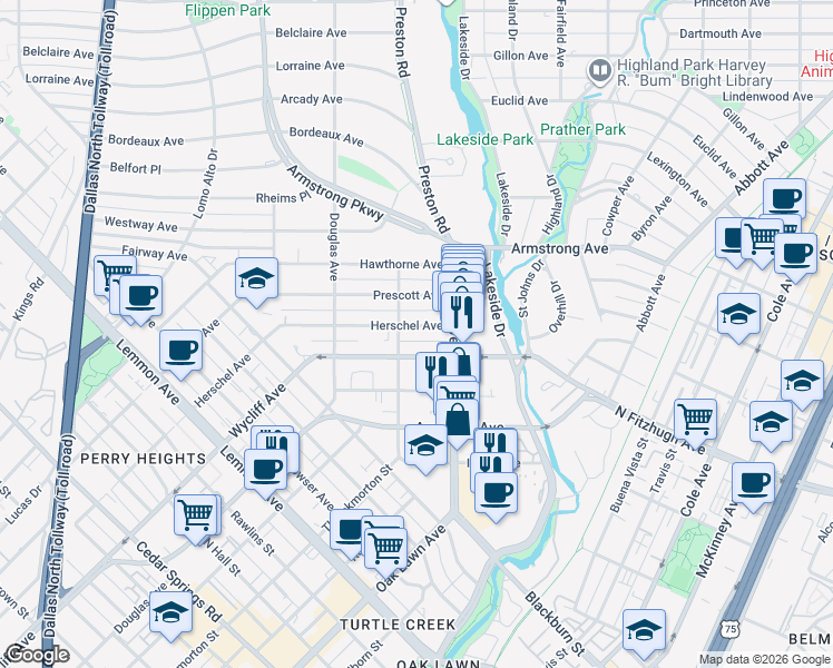 map of restaurants, bars, coffee shops, grocery stores, and more near 4213 Wycliff Avenue in Dallas