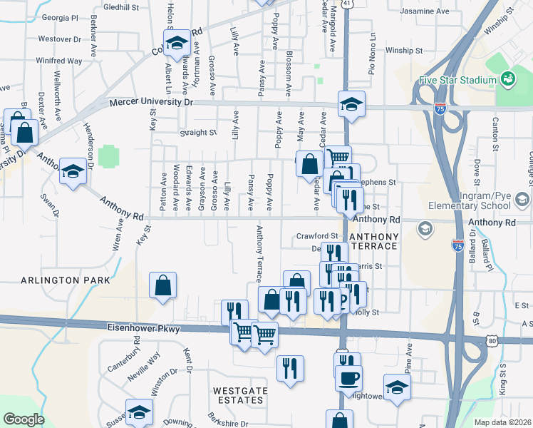 map of restaurants, bars, coffee shops, grocery stores, and more near 1508 Anthony Road in Macon