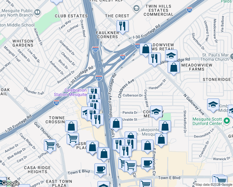 map of restaurants, bars, coffee shops, grocery stores, and more near 4047 Childress Avenue in Mesquite