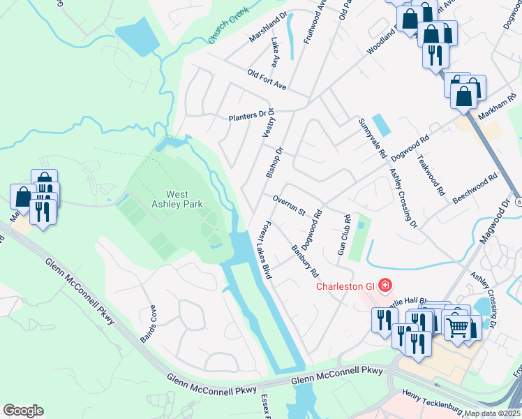map of restaurants, bars, coffee shops, grocery stores, and more near 2119 Bishop Drive in Charleston