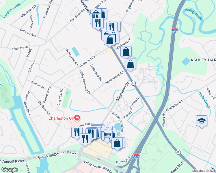 map of restaurants, bars, coffee shops, grocery stores, and more near 1914 Cedar Petal Lane in Charleston