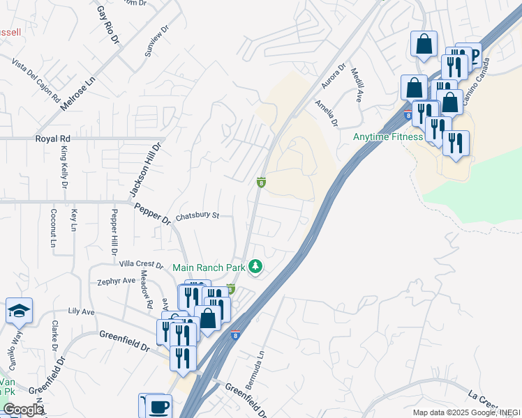 map of restaurants, bars, coffee shops, grocery stores, and more near 1924 Corner Stone Court in El Cajon