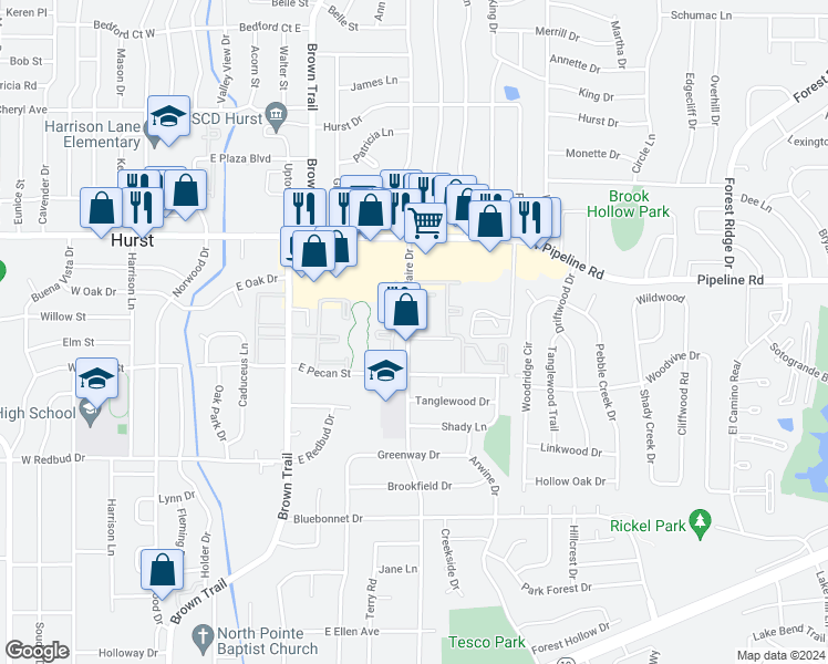 map of restaurants, bars, coffee shops, grocery stores, and more near 602 Bellaire Drive in Hurst