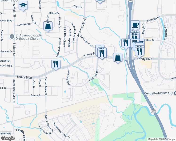 map of restaurants, bars, coffee shops, grocery stores, and more near 13716 West Rim Drive in Euless