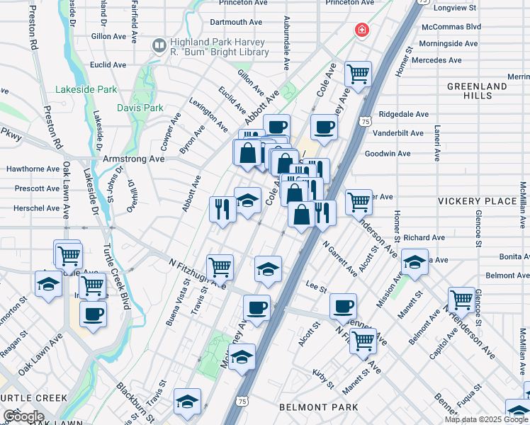 map of restaurants, bars, coffee shops, grocery stores, and more near 4412 Cole Avenue in Dallas