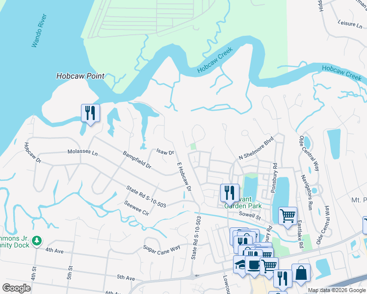 map of restaurants, bars, coffee shops, grocery stores, and more near 4 Edenton Road in Mount Pleasant