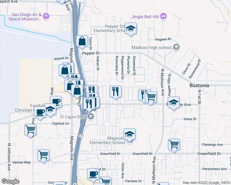 map of restaurants, bars, coffee shops, grocery stores, and more near 393 Lucy Lane in El Cajon