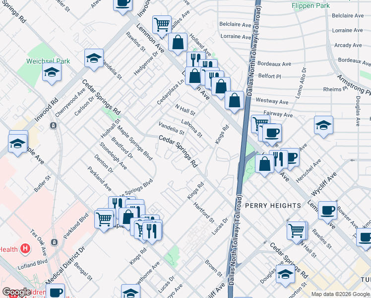 map of restaurants, bars, coffee shops, grocery stores, and more near 4932 Cedar Springs Road in Dallas