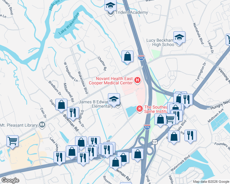 map of restaurants, bars, coffee shops, grocery stores, and more near 1285 Old wanus Drive in Mount Pleasant