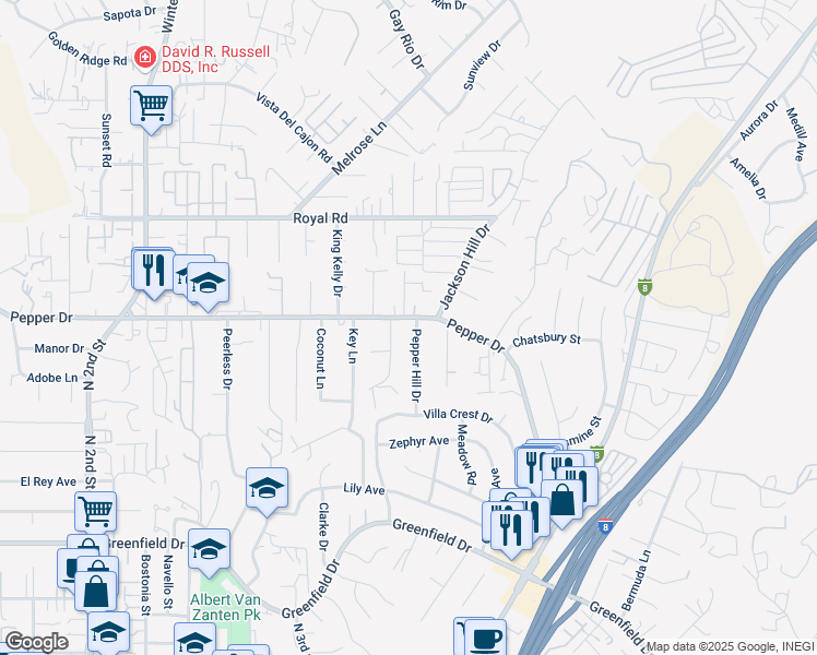 map of restaurants, bars, coffee shops, grocery stores, and more near 1751 Milton Manor Drive in El Cajon