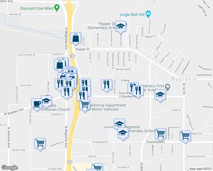 map of restaurants, bars, coffee shops, grocery stores, and more near 393 Lucy Lane in El Cajon