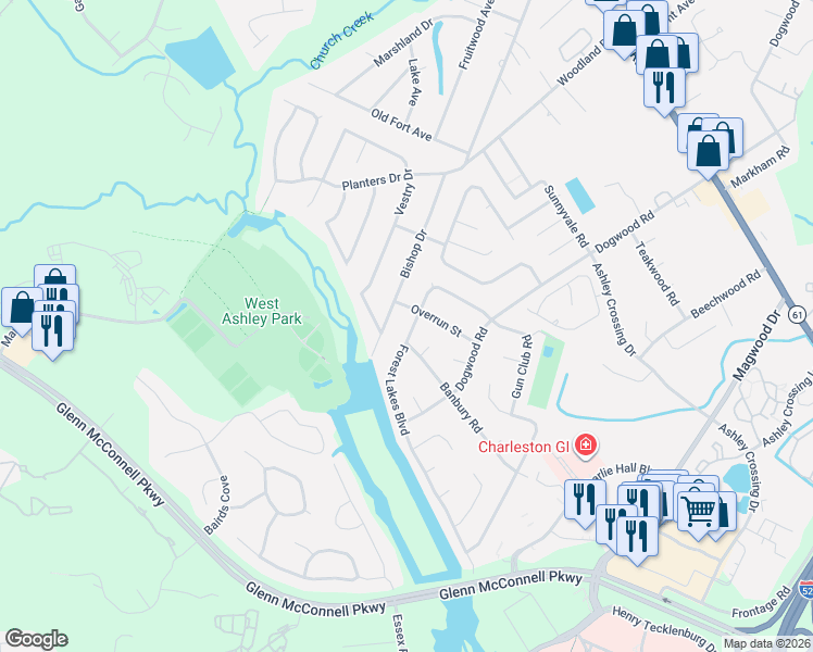 map of restaurants, bars, coffee shops, grocery stores, and more near 2119 Bishop Drive in Charleston