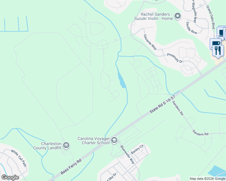 map of restaurants, bars, coffee shops, grocery stores, and more near 145 Claret Cup Way in Charleston