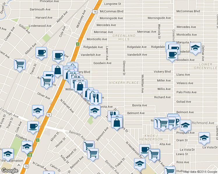 map of restaurants, bars, coffee shops, grocery stores, and more near in Dallas