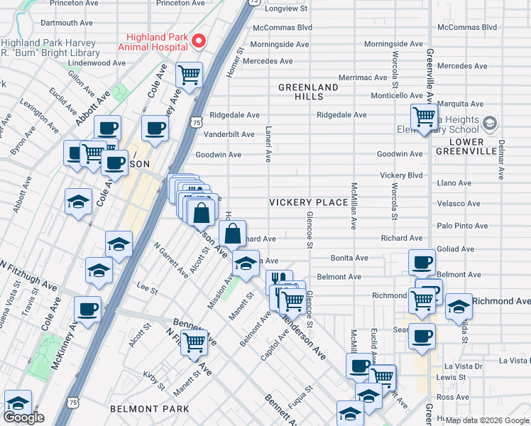 map of restaurants, bars, coffee shops, grocery stores, and more near 5254 Willis Avenue in Dallas