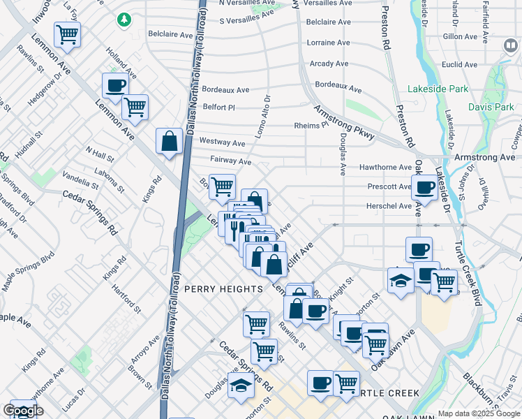 map of restaurants, bars, coffee shops, grocery stores, and more near 4419 Holland Avenue in Dallas