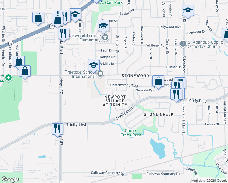 map of restaurants, bars, coffee shops, grocery stores, and more near 4000 Vista Mar Drive in Euless