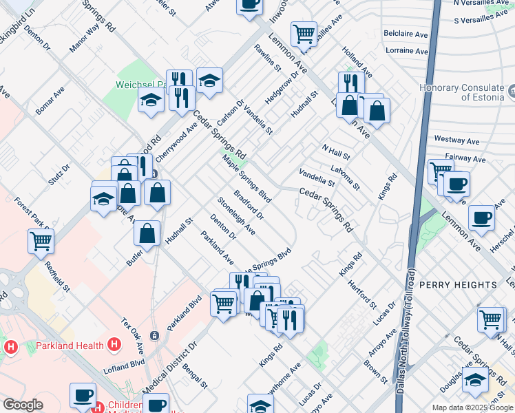 map of restaurants, bars, coffee shops, grocery stores, and more near 5122 Bradford Drive in Dallas