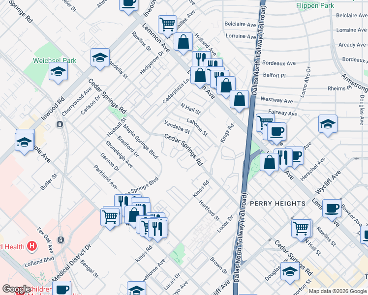 map of restaurants, bars, coffee shops, grocery stores, and more near 4999 Cedar Springs Road in Dallas