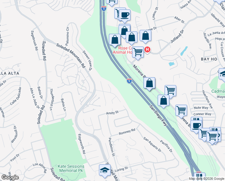 map of restaurants, bars, coffee shops, grocery stores, and more near 2398 Almeria Court in San Diego