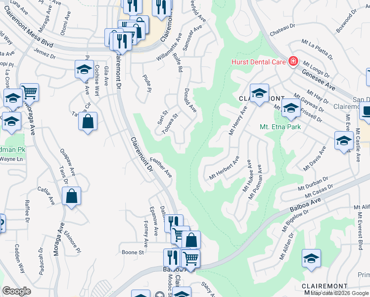 map of restaurants, bars, coffee shops, grocery stores, and more near 4154 Donald Court in San Diego
