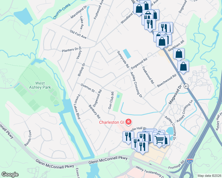 map of restaurants, bars, coffee shops, grocery stores, and more near 1820 Gun Club Road in Charleston