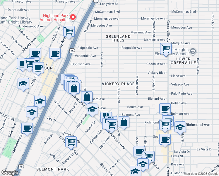 map of restaurants, bars, coffee shops, grocery stores, and more near 5334 Willis Avenue in Dallas