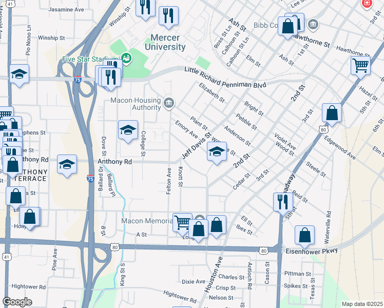 map of restaurants, bars, coffee shops, grocery stores, and more near 755 Grants Chappel Alley in Macon