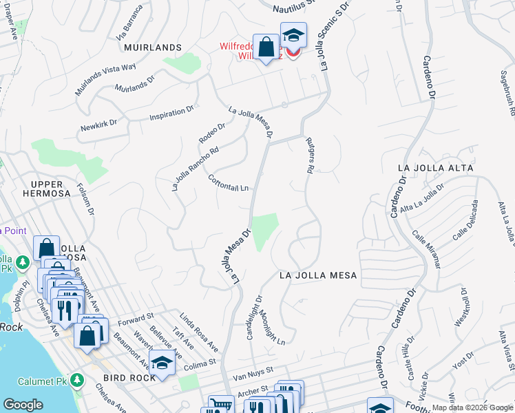 map of restaurants, bars, coffee shops, grocery stores, and more near 5815 La Jolla Mesa Drive in San Diego