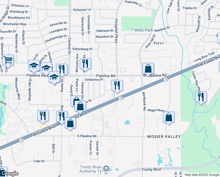 map of restaurants, bars, coffee shops, grocery stores, and more near 1203 Middlebury Lane in Euless