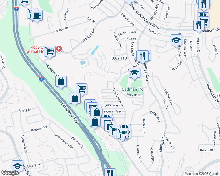map of restaurants, bars, coffee shops, grocery stores, and more near 3036 Driscoll Drive in San Diego