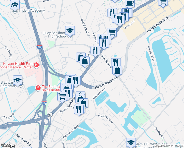 map of restaurants, bars, coffee shops, grocery stores, and more near 1120 Freeman Scott Road in Mount Pleasant
