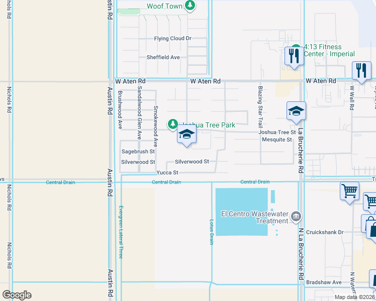 map of restaurants, bars, coffee shops, grocery stores, and more near 627 Joshua Tree Street in Imperial